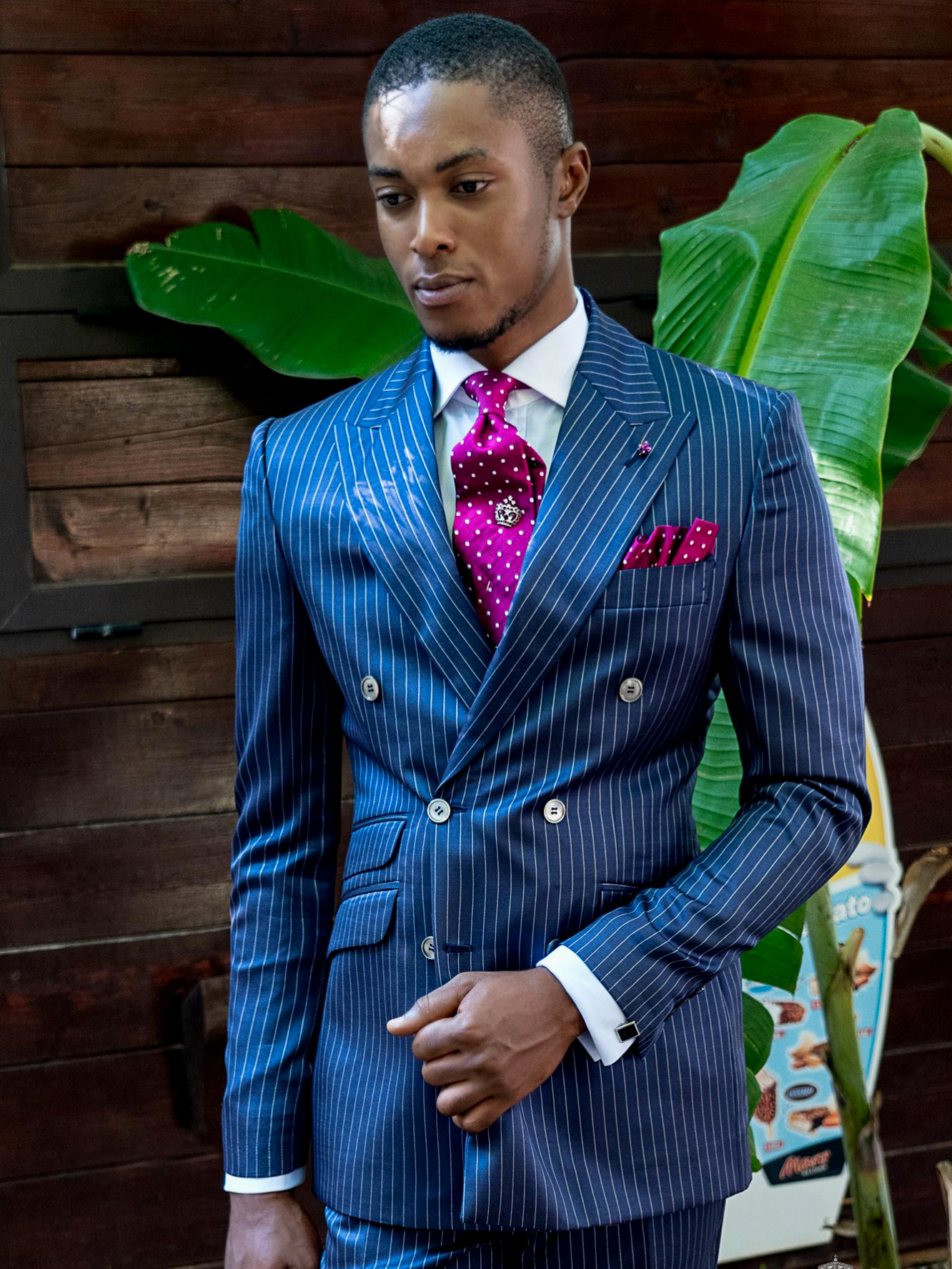 pinstriped double-breasted blue suit