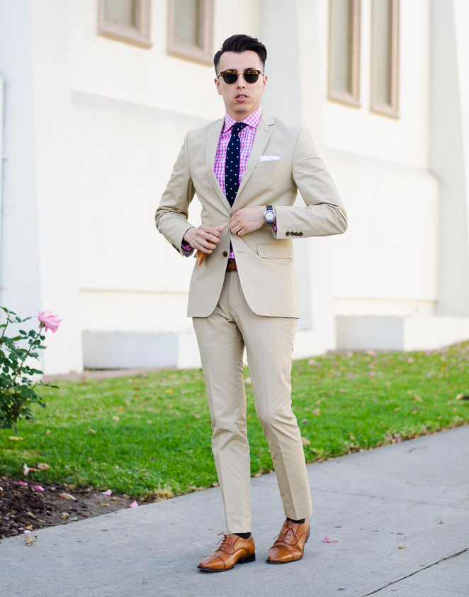 beige suit and pink shirt color combinations