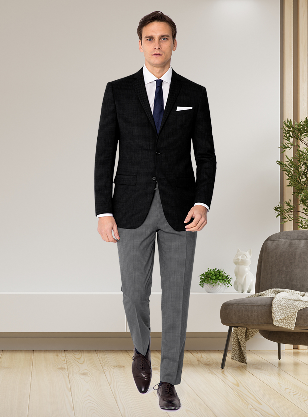 black suit jacket, white shirt, and grey pants