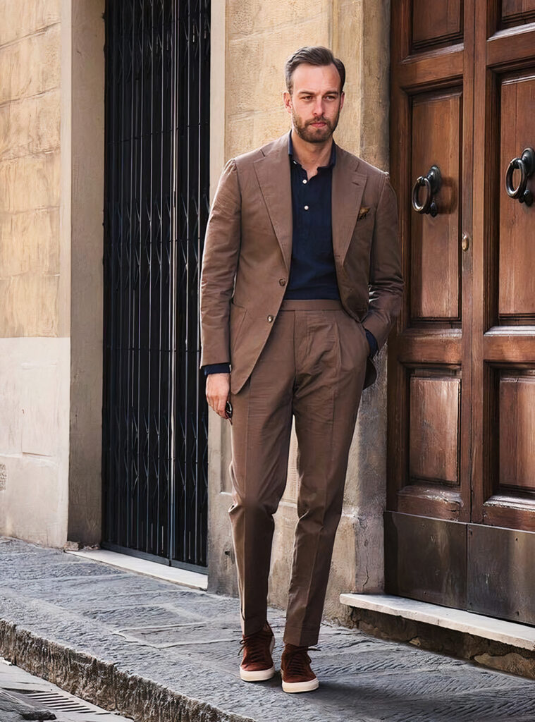brown suit, navy polo shirt, and brown sneakers