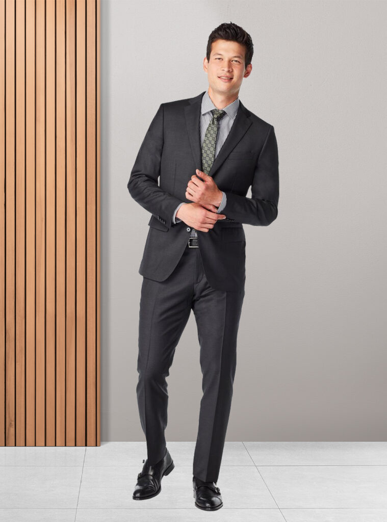 charcoal grey suit, grey striped shirt, grey tie, and black monk strap shoes