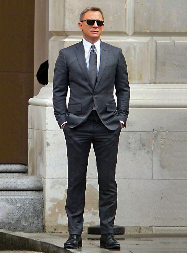 Dark grey (charcoal) suit, white shirt, grey tie and black shoes color combination