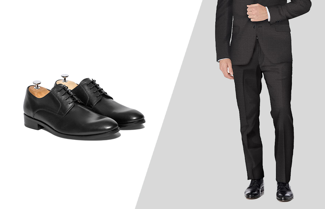 how to match black derby shoes with charcoal gray suit