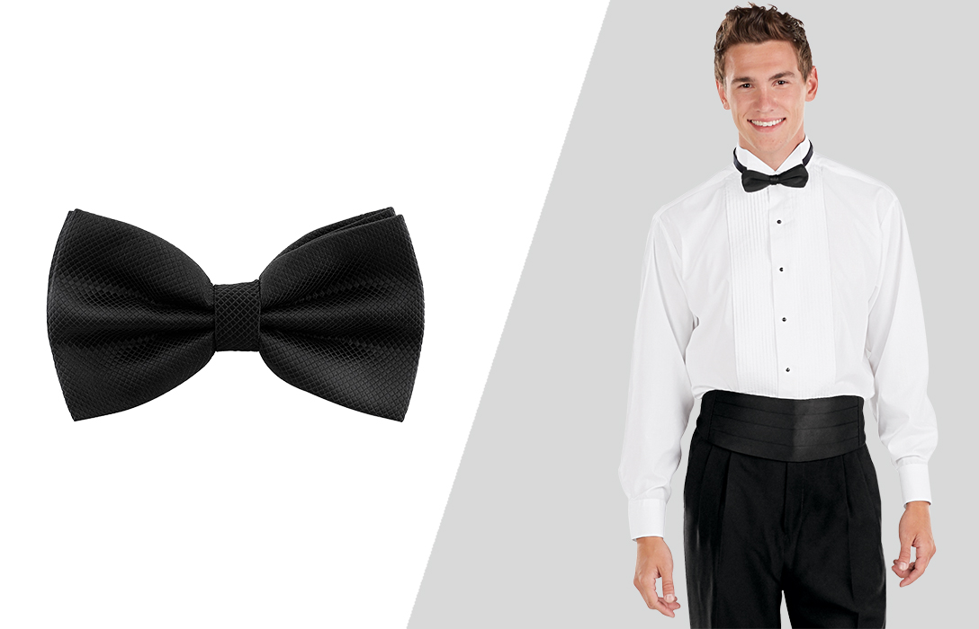 wearing a black bow tie with a tuxedo shirt