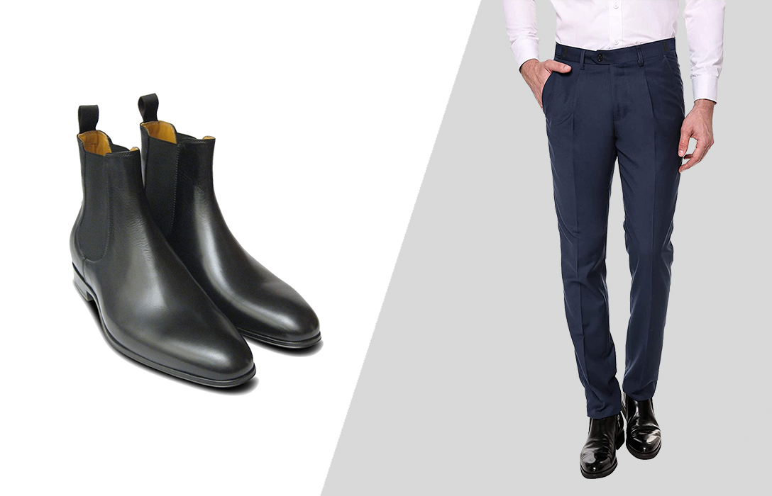 how to wear black chelsea boots and navy pants in winter