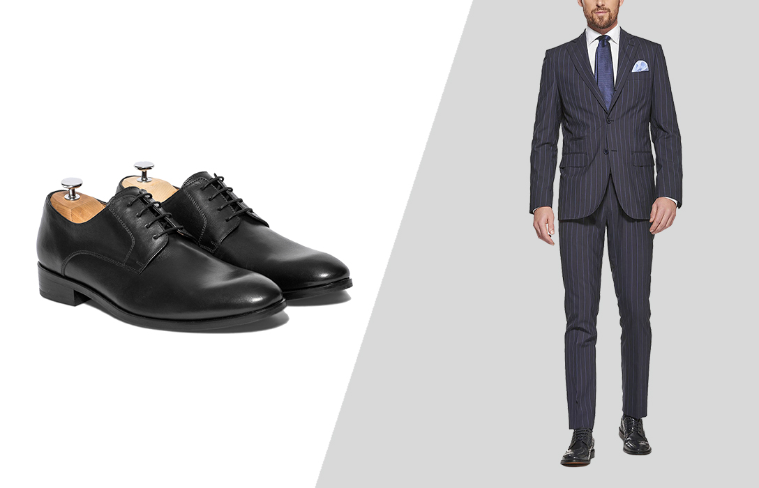black plain toe derby shoes with charcoal grey pinstripe suit