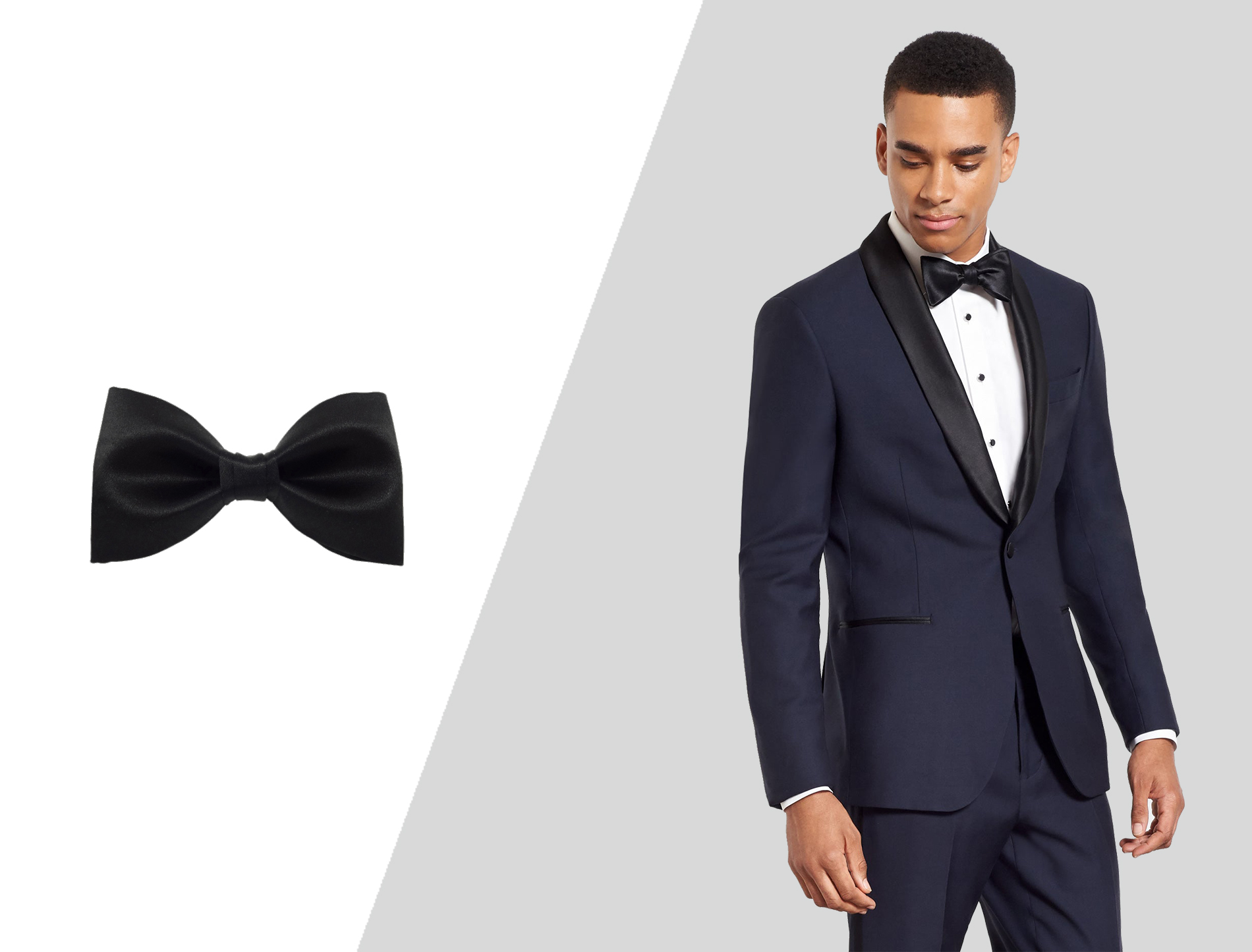 how to wear blue tuxedo with black bow tie