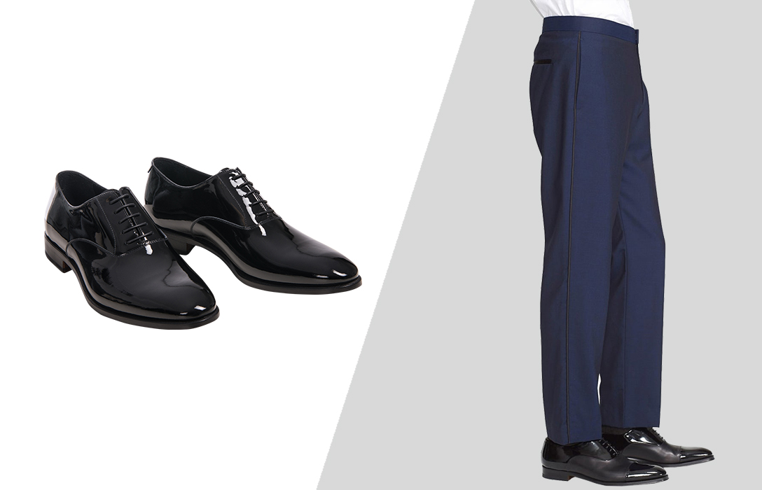 how to wear black patent leather oxford shoes with blue tuxedo