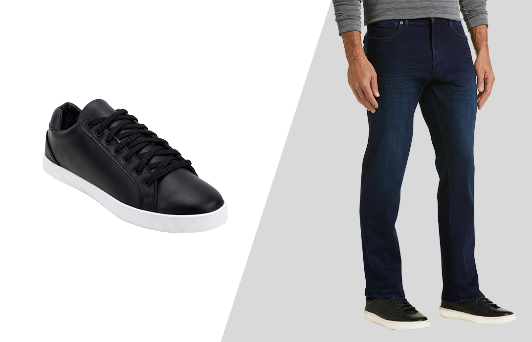 how to wear navy jeans and black sneakers casually