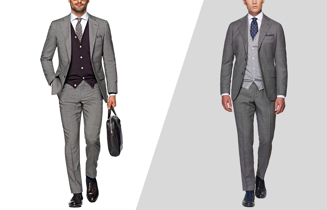 different ways to match suit and a cardigan sweater