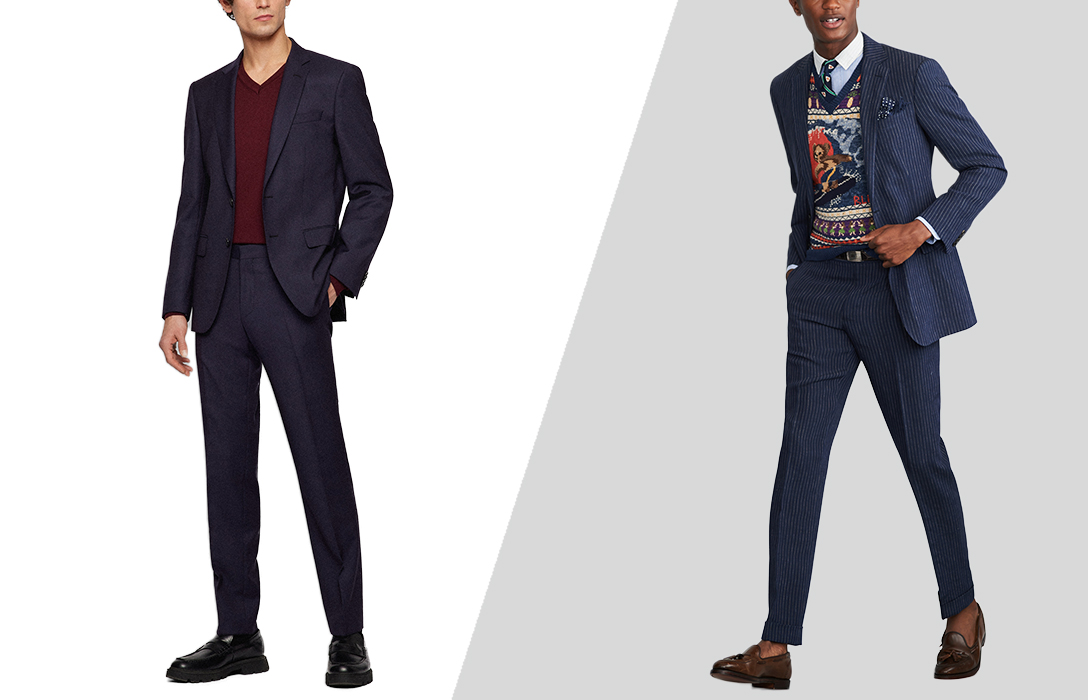 different ways to match suit and v-neck sweater