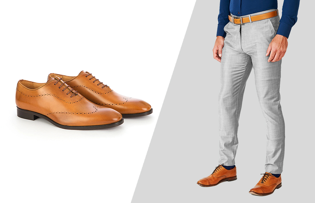 how to wear tan Oxford shoes with grey pants