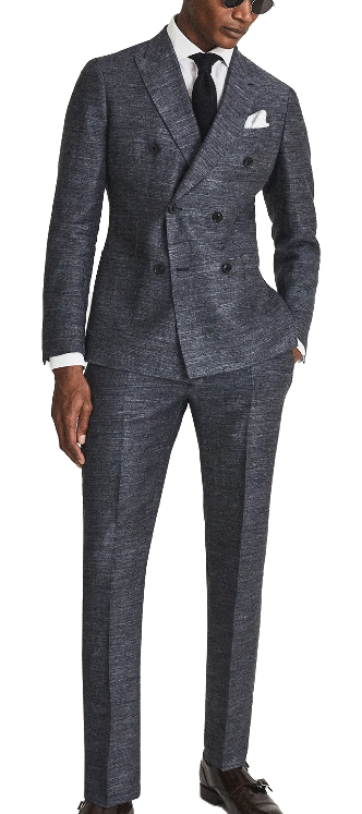 double-breasted charcoal grey linen suit by Reiss