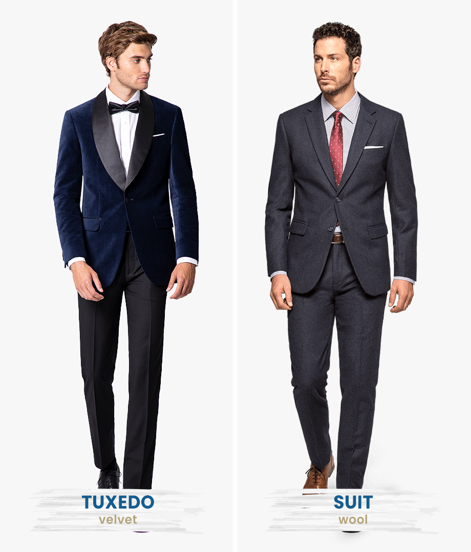 velvet tuxedo vs. woolen wedding suit