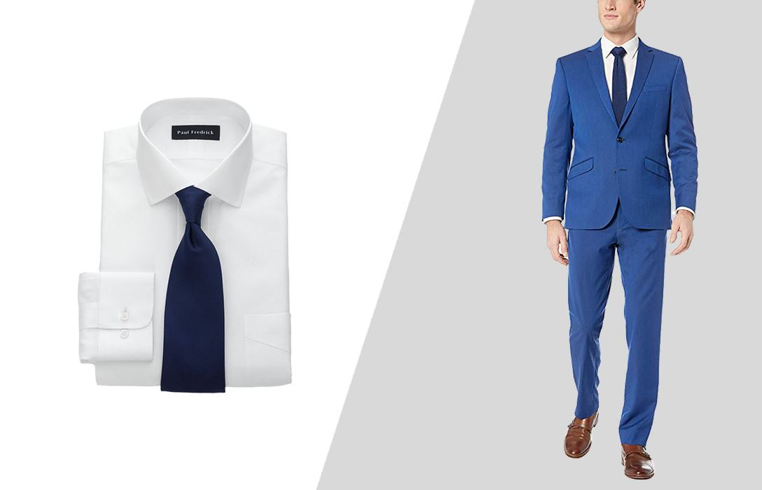 cocktail attire: blue suit with white dress shirt at summer wedding