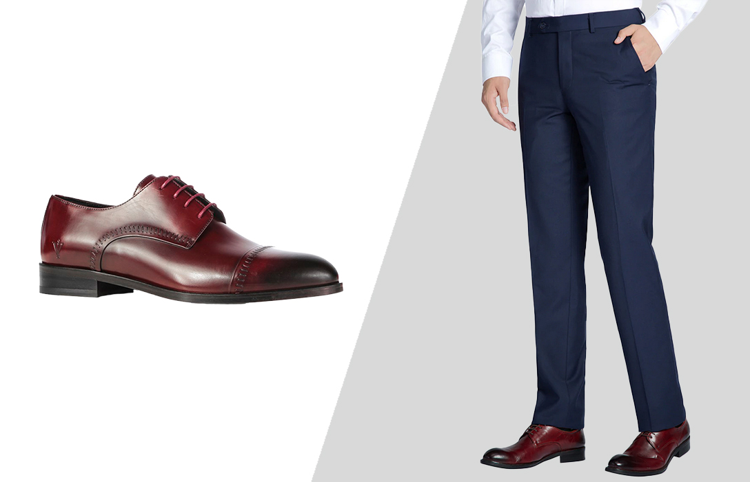 burgundy cap toe derby shoes with navy pants
