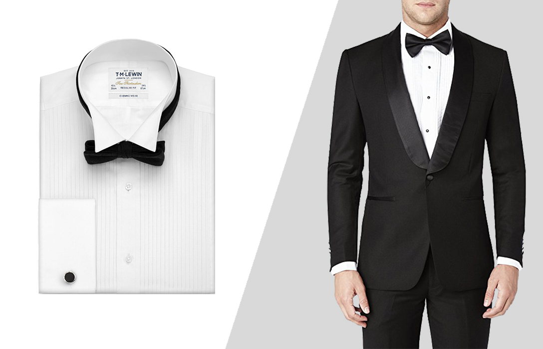 wearing a bow tie with pleated shirt and black tuxedo