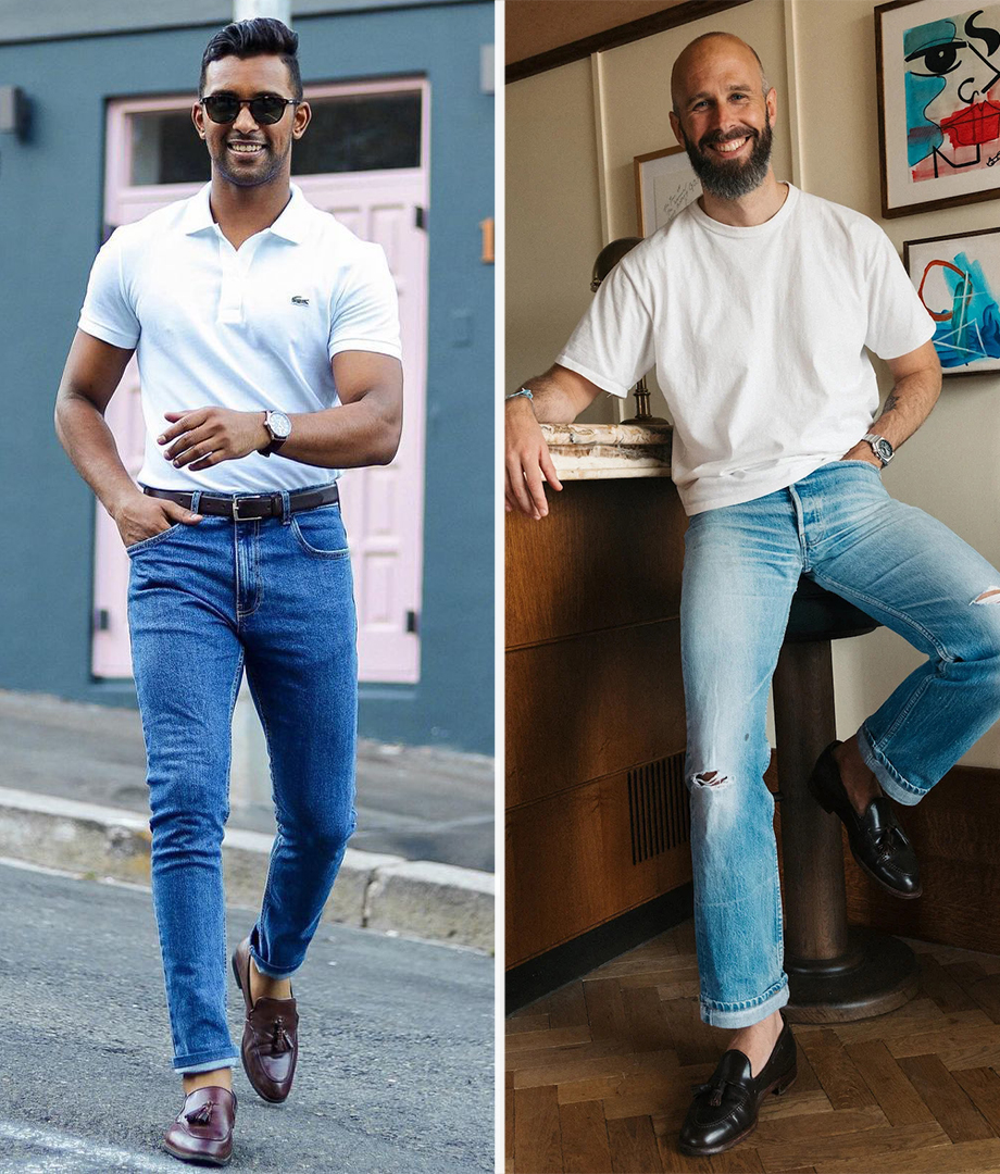 polo shirt vs. t-shirt with loafers and jeans