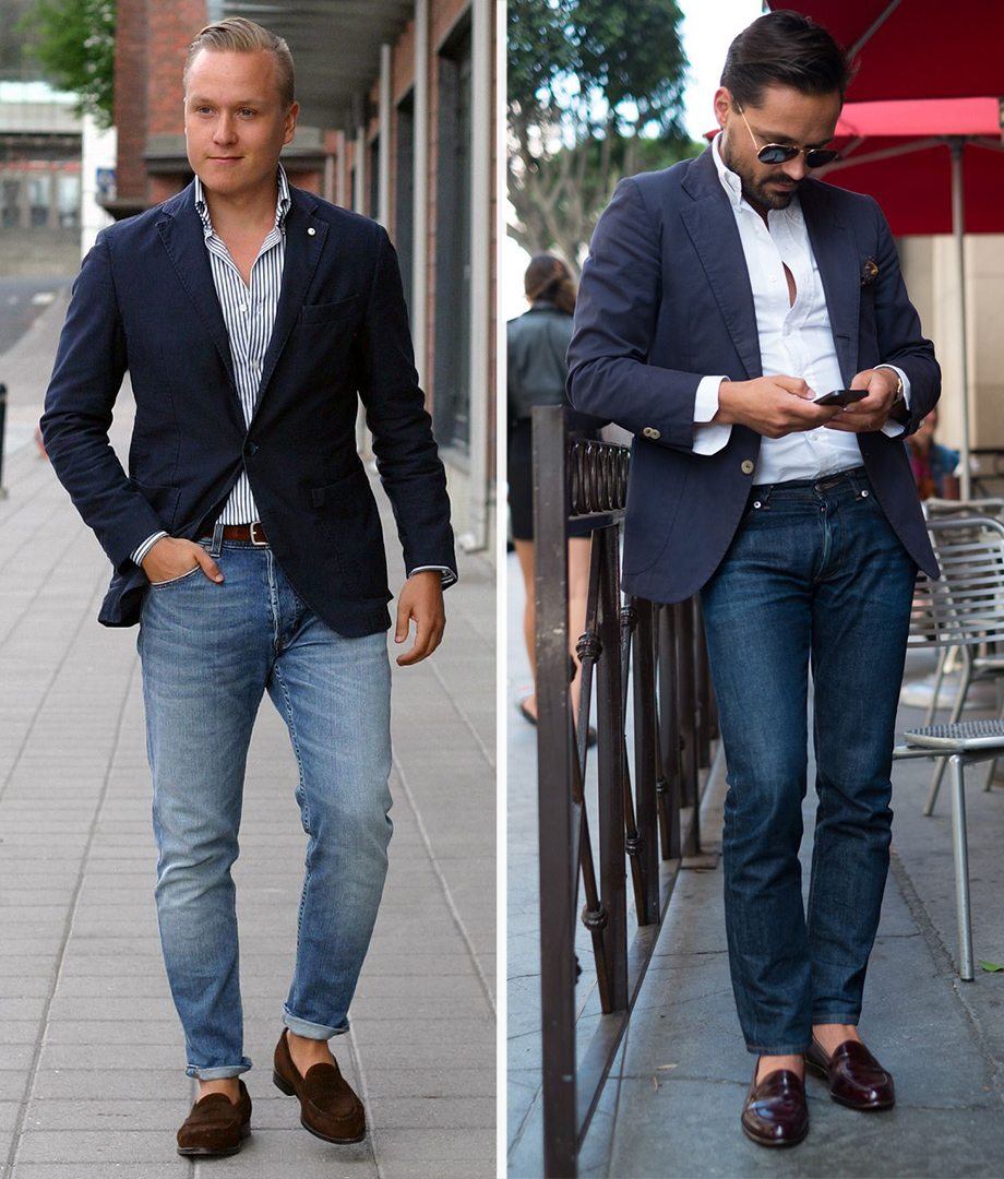 wearing a suit jacket and blazer with loafers and jeans